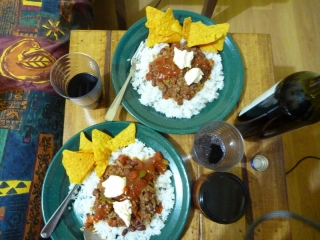 Chilli con carne with soured cream and salsa - tonight's substitute for a proper source of heat