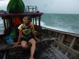 On the way back from the islands a storm moved in and the sea started getting into our boat a bit